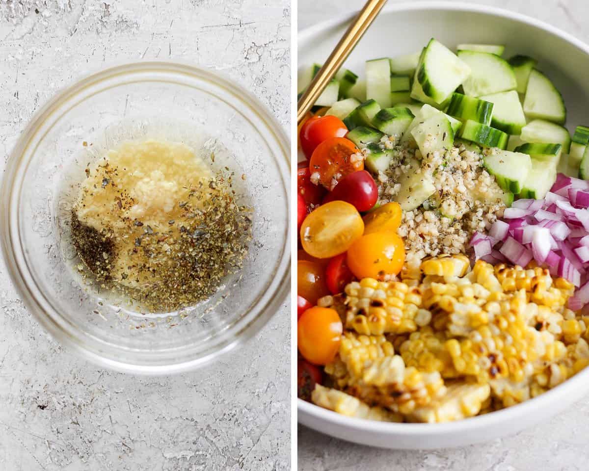 Two images showing the dressing ingredients in a small bowl and then the dressing on the salad.