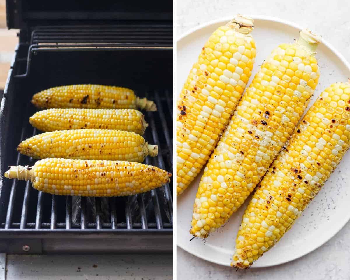 Two images showing the corn cobs on the grill and then fully cooked on a plate.