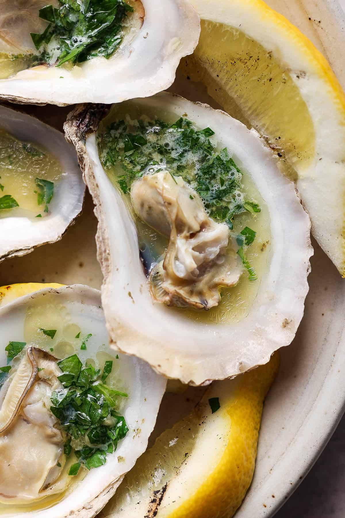 Close-up shot of a grilled oyster.
