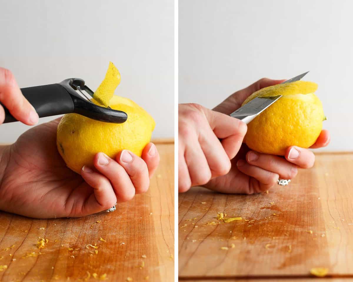 Two images showing a lemon peel being removed with a vegetable peeler and knife.