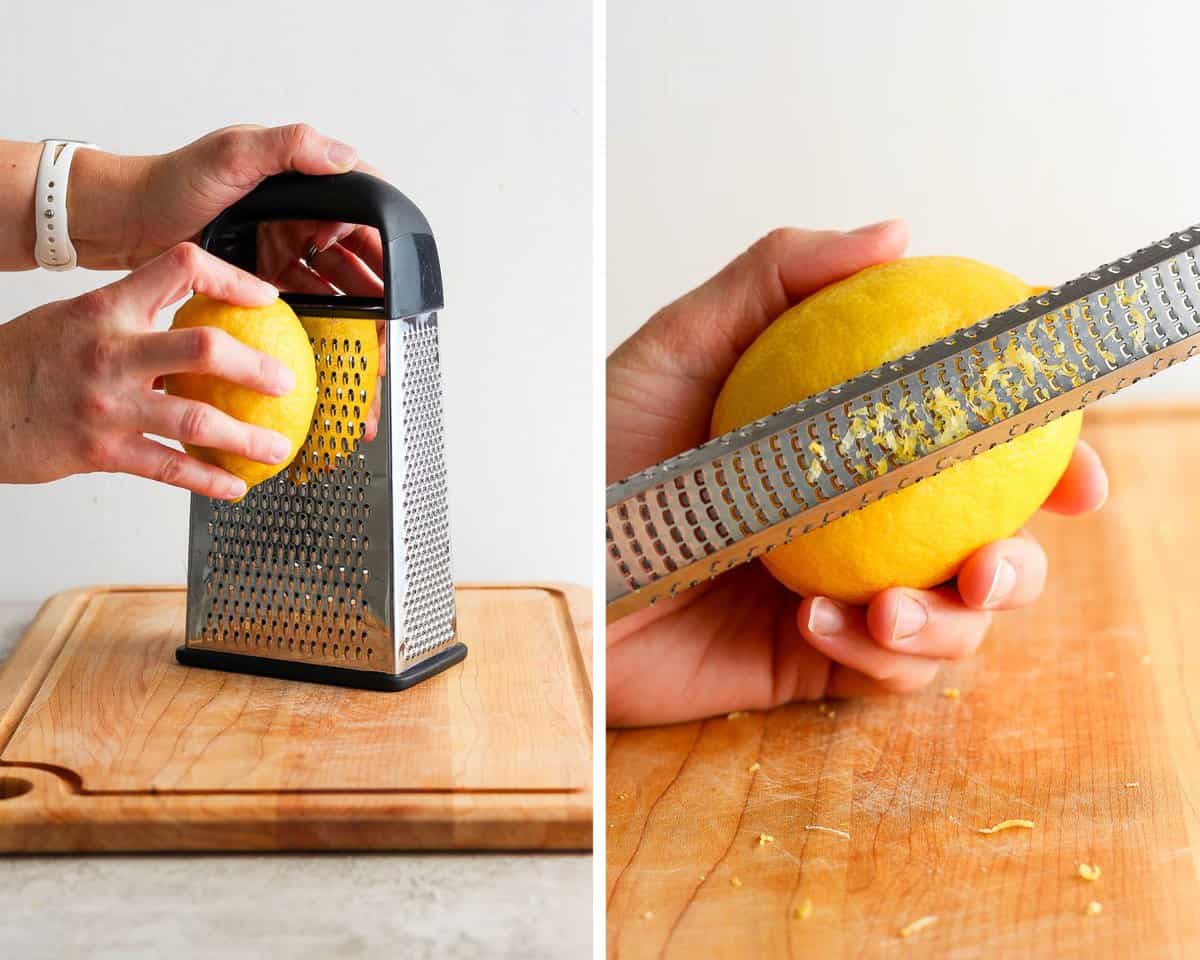 Two images showing a lemon zested with a box grater and a microplane.