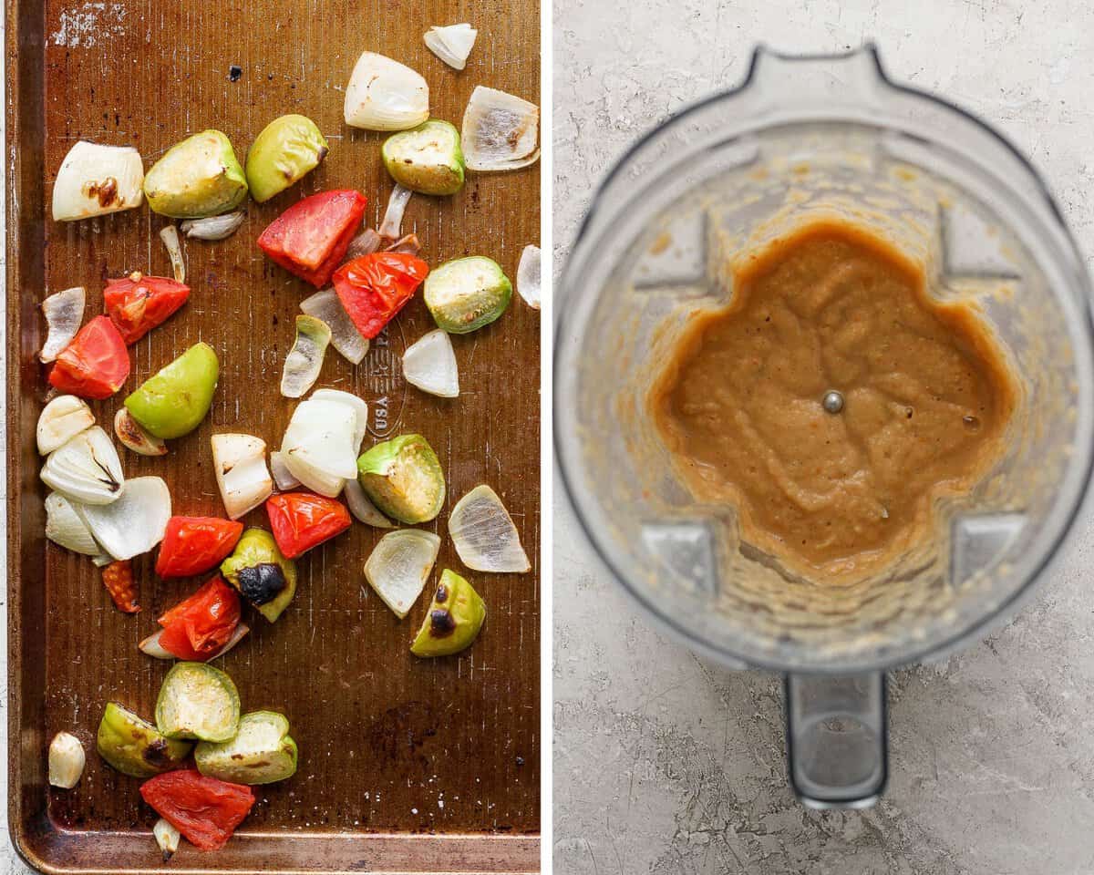 Two images showing the tomatillos, tomato, onion, and garlic roasted on a pan and then blended in a blender.