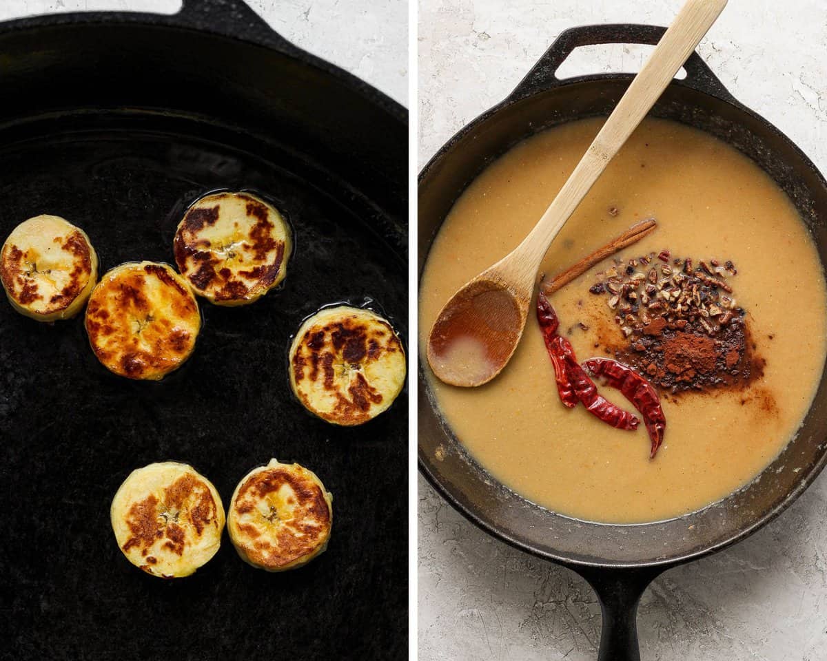 Two images showing the plantains searing in a pan and the chiles, cinnamon, pecans, chicken stock, and cocoa added to the tomato mixture in another pan.