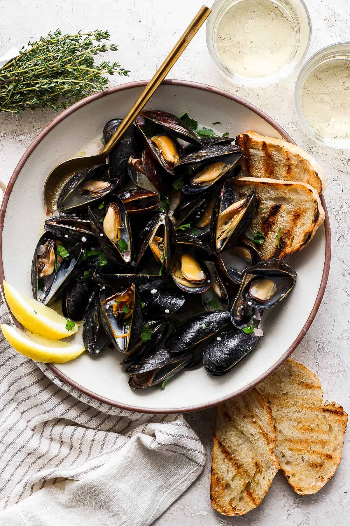 A shallow bowl of mussels with white wine sauce.