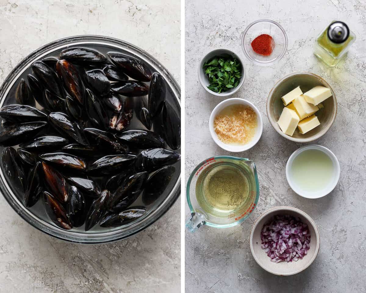 Two images showing the mussels soaking in water and the other ingredients in small bowls.