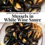 Pinterest image for mussels in white wine sauce.