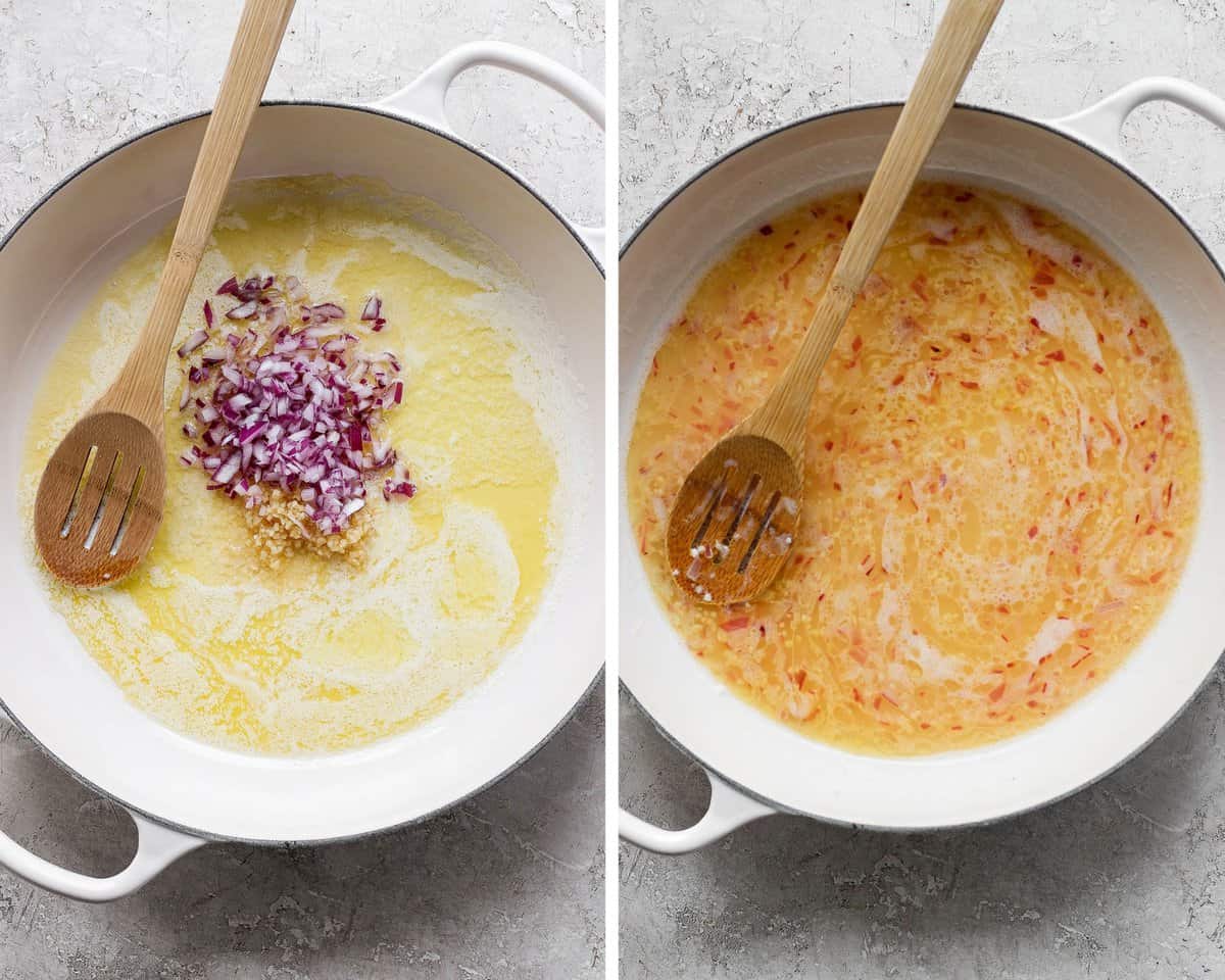 Two images showing the melted butter with garlic, shallots, oil and the pan with wine, lemon juice, salt, and pepper added.