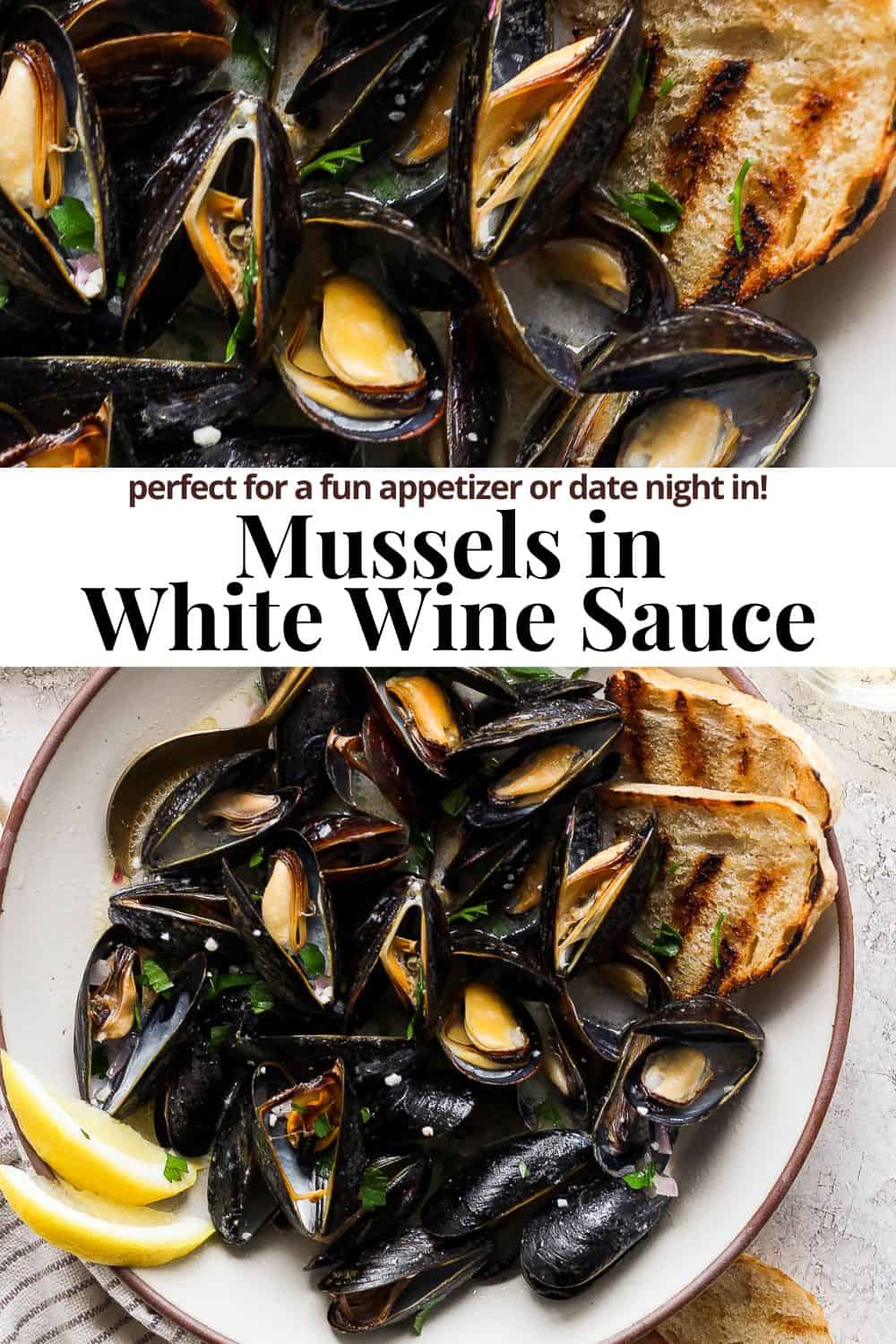 Pinterest image for mussels in white wine sauce.