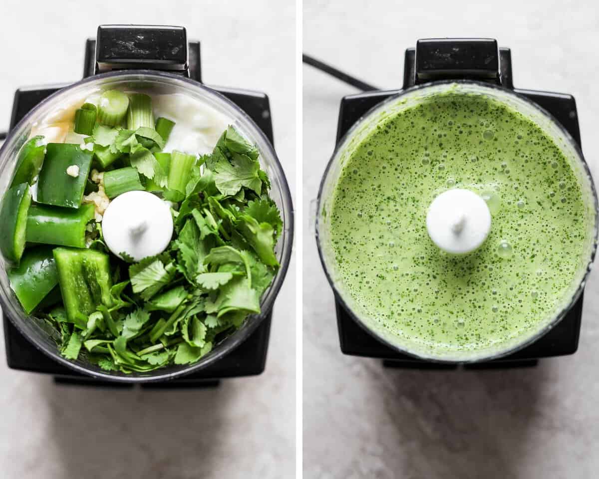 All of the green sauce in a small food processor next to another photo showing all of those ingredients blended up. 