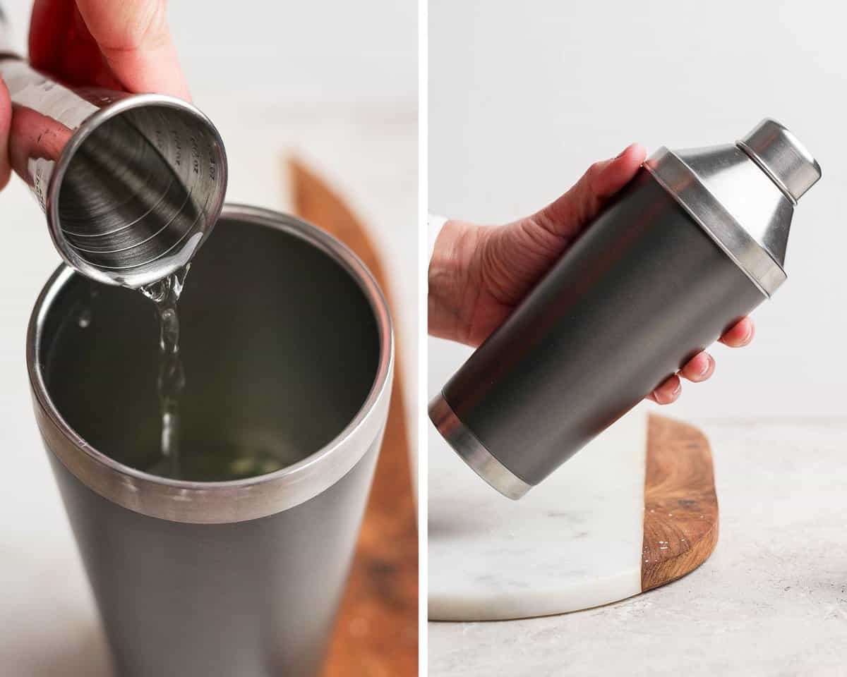 Two images showing the ingredients being poured into the shaker and then a hand holding the shaker.