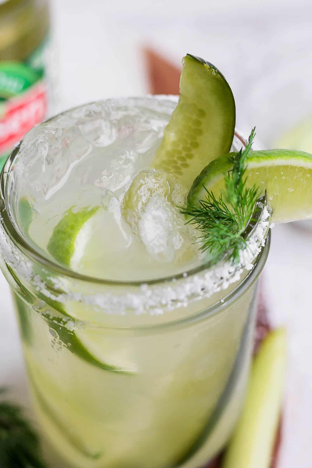 Top shot of a dill pickle margarita.