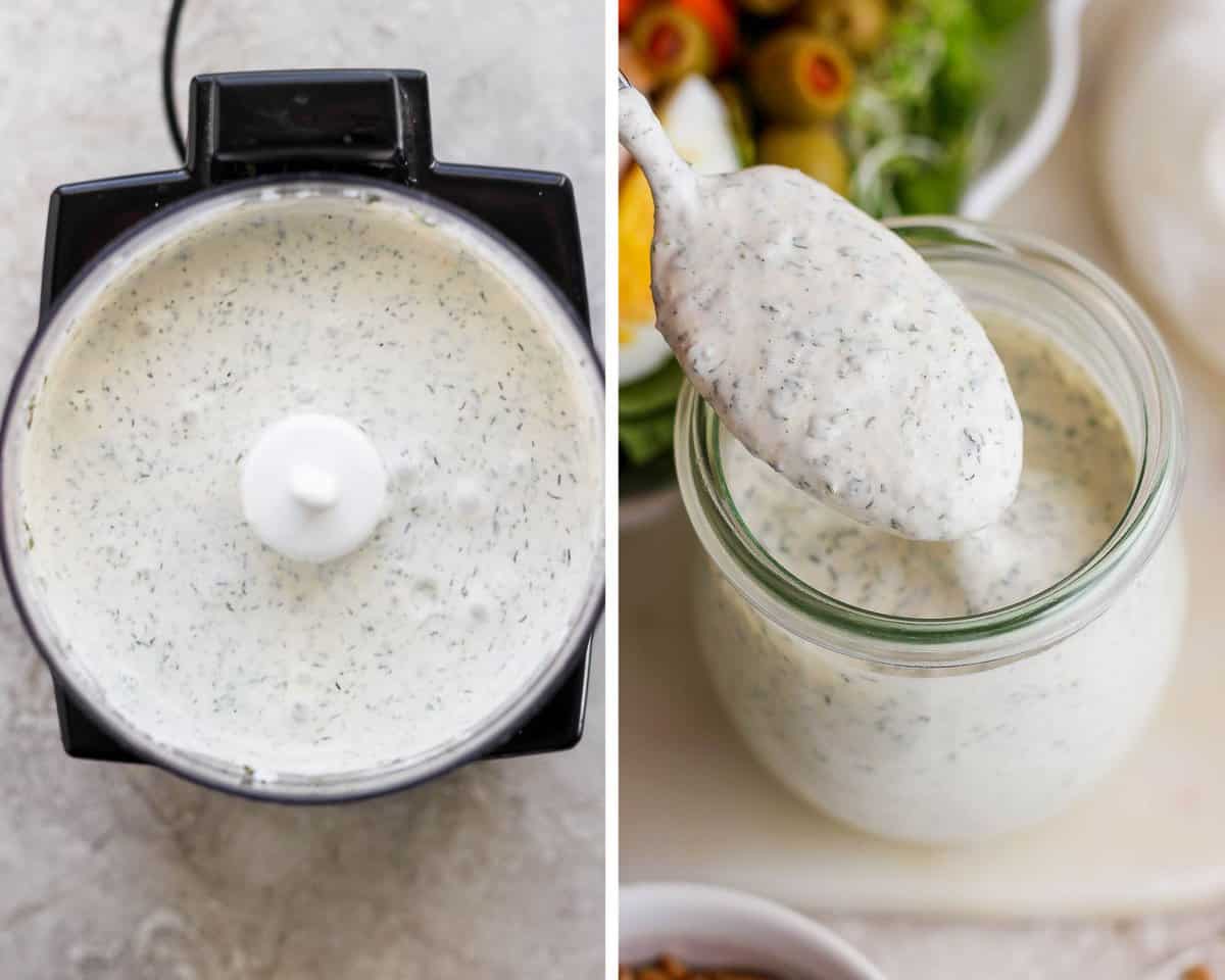Herby ranch dressing blended until smooth in a food processor and then in a glass jar.