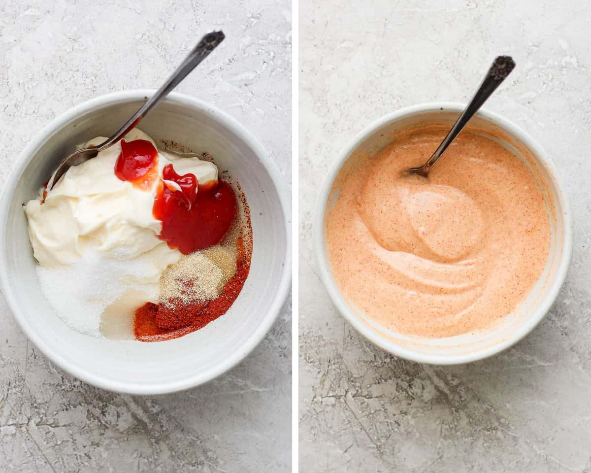 Two images showing the sauce ingredients in a bowl before being mixed and after.