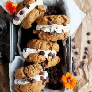 An easy recipe for almond butter cookie ice cream sandwiches.