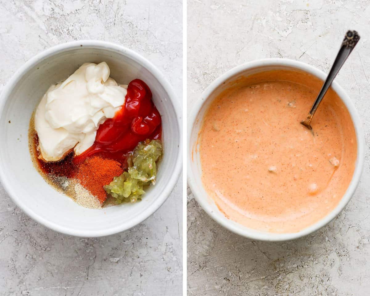 Two images showing the ingredients for big mac sauce in a bowl and then mixed together.