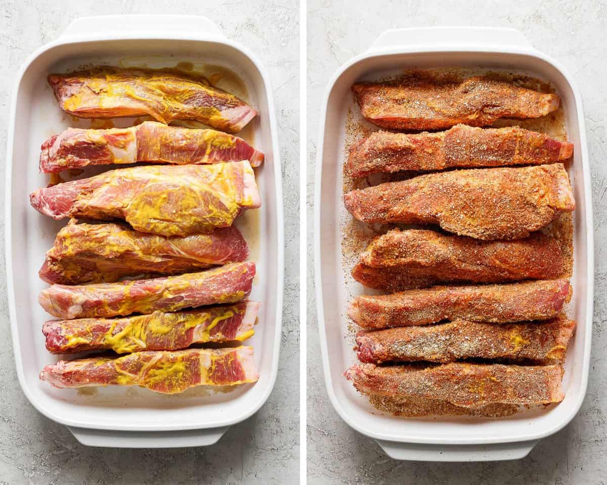 Two images showing the ribs with yellow mustard on them and then the dry rub.