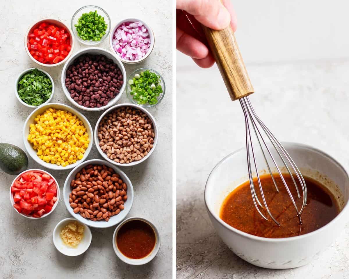Two images showing the dip ingredients in separate bowls and the dressing whisked together in a small bowl.