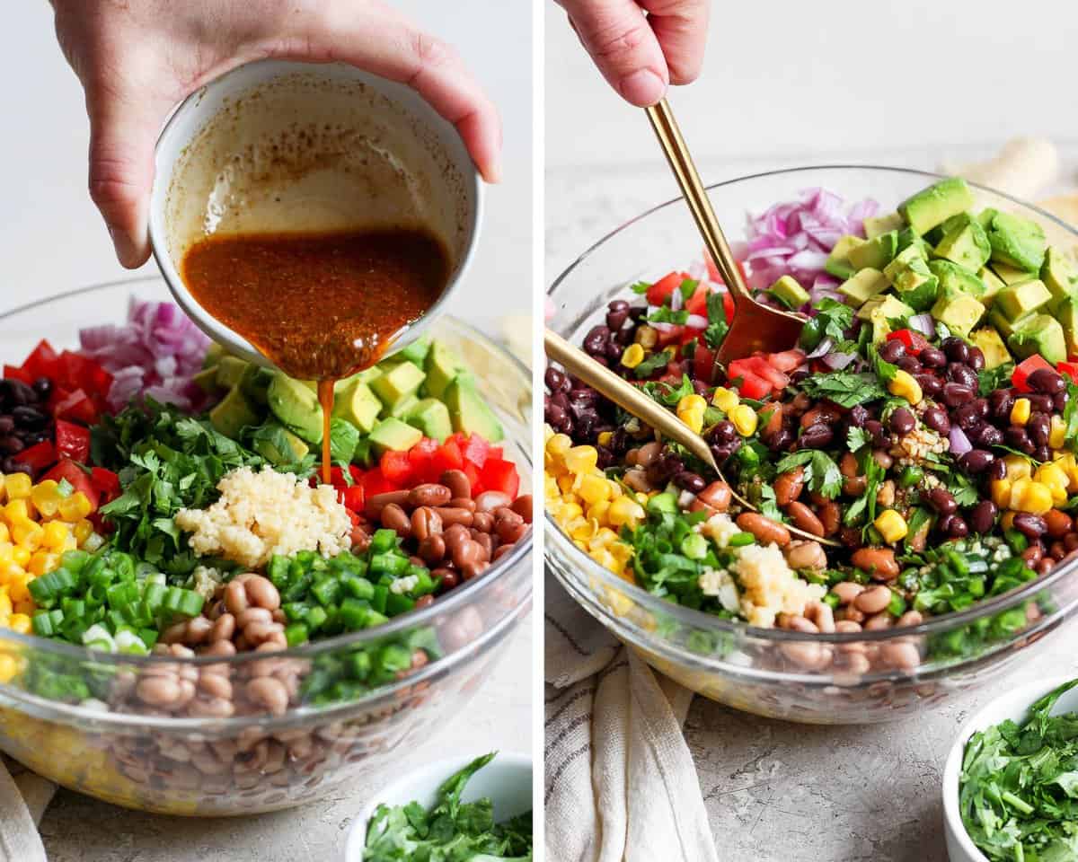 Two images showing the dressing being poured over the dip ingredients and then everything being tossed together.