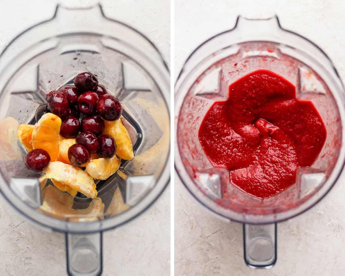 Frozen old fashioned ingredients in a blender before blending and after.