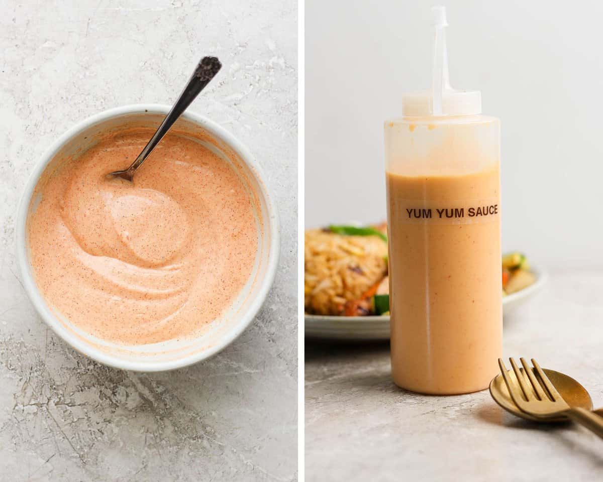 Two images showing yum yum sauce in a bowl and in a squeeze bottle.