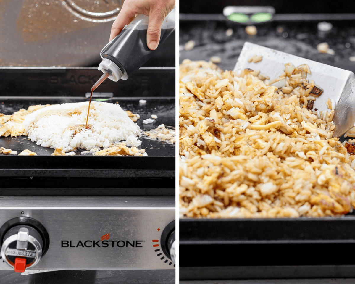 Two images showing the rice and soy sauce added to the griddle and then everything tossed together.