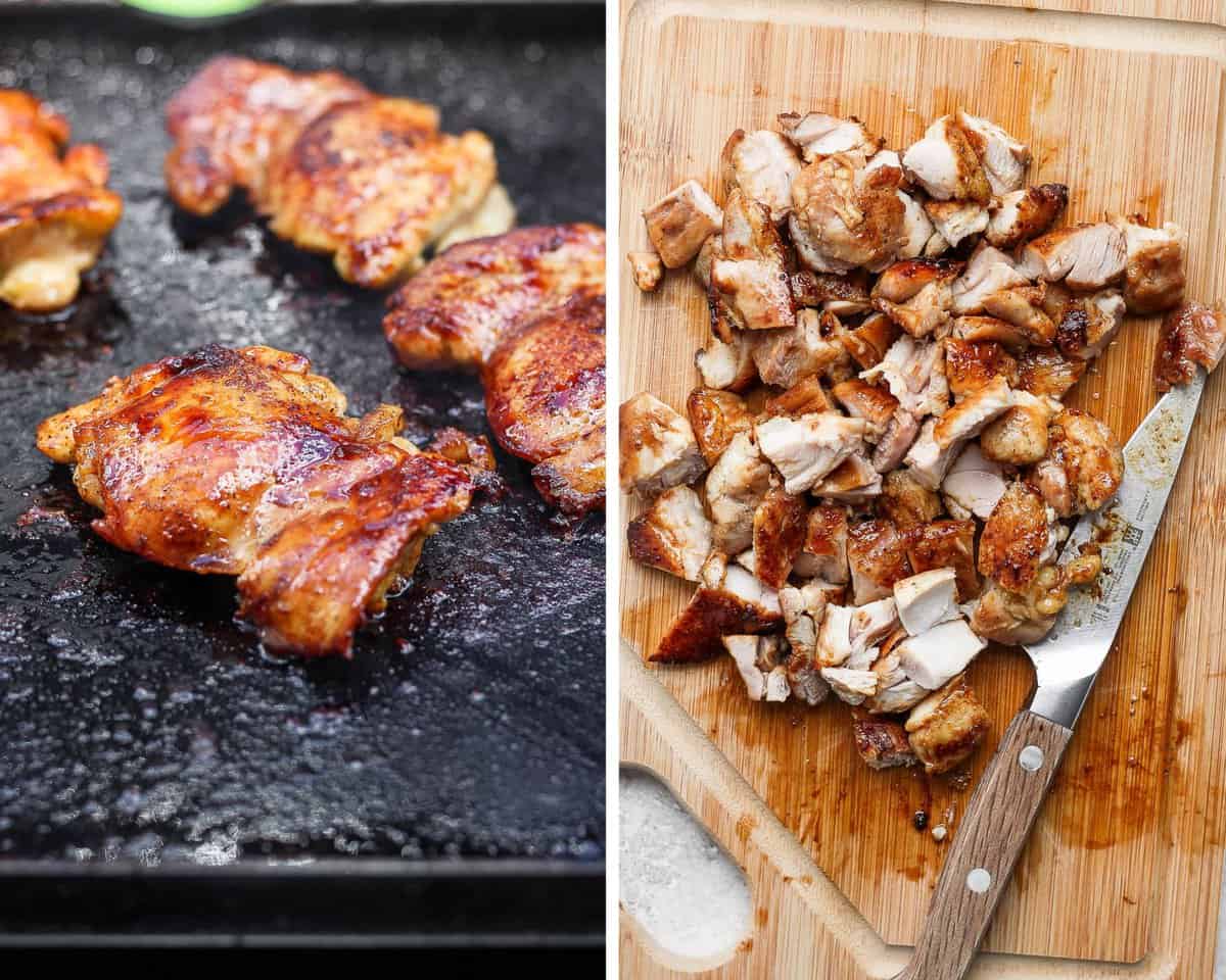 Two images showing the chicken thighs cooking on the cook top and then cut up on a cutting board.