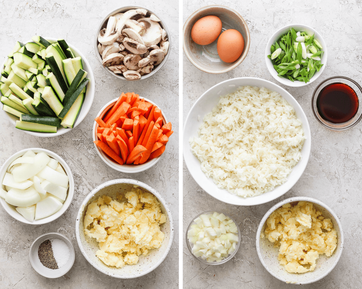 Two images showing the ingredients for hibachi vegetables and then the ingredients for fried rice.