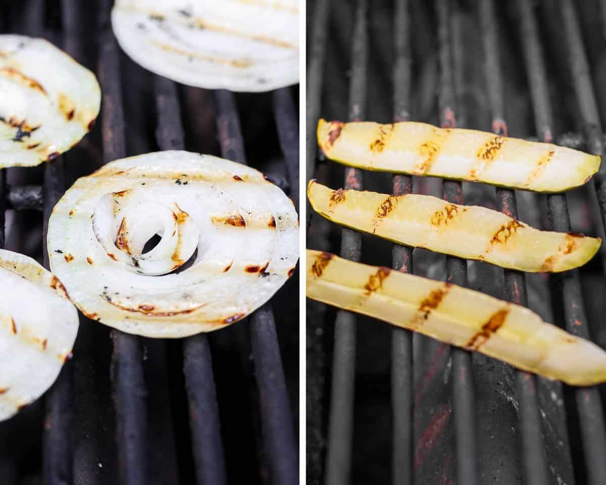 Two images showing the onions and pickles on the hot grill.