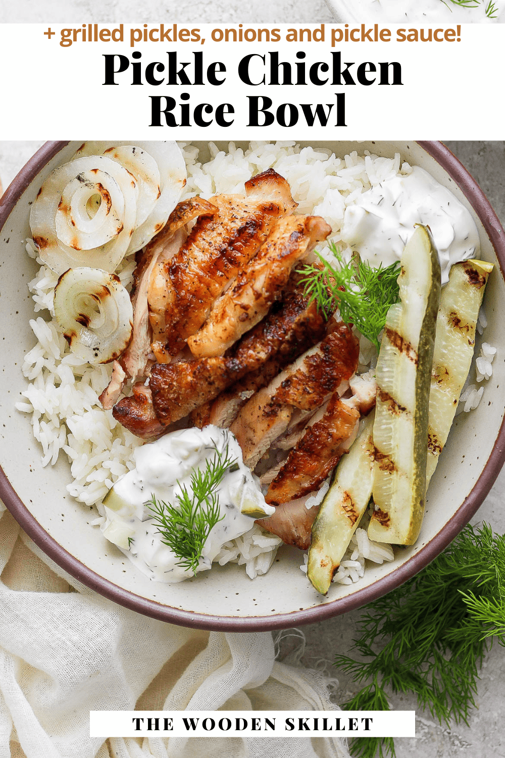Pinterest image for a pickle chicken rice bowl.