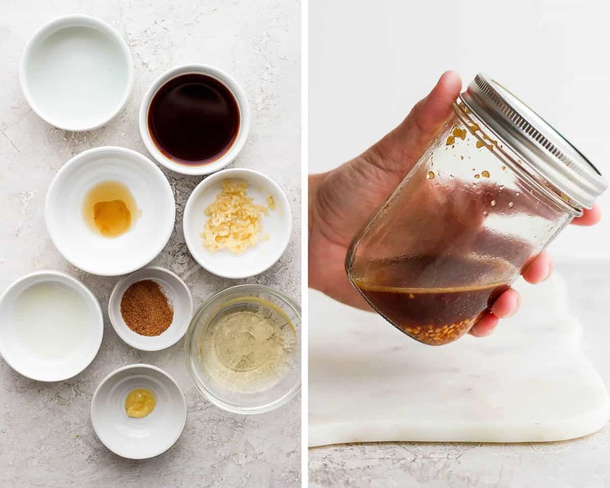 Two images showing the dressing ingredients in separate bowls and then combined in a mason jar.