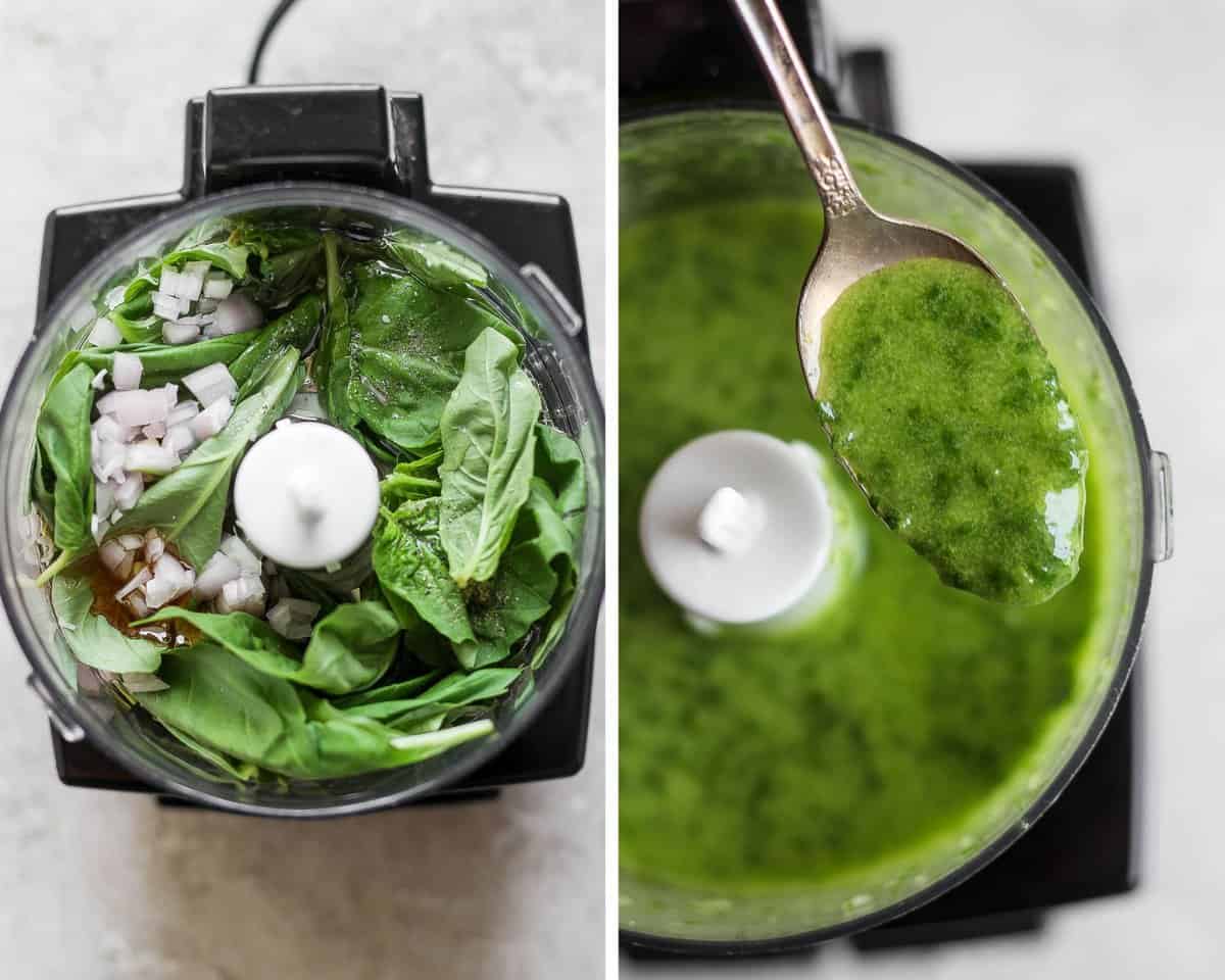 Two images showing the vinaigrette in the food processor before and after blending.