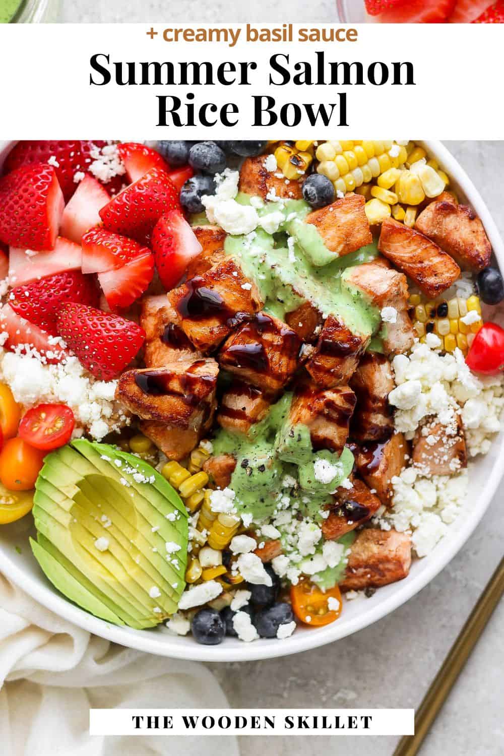 Pinterest image for a summer salmon rice bowl.