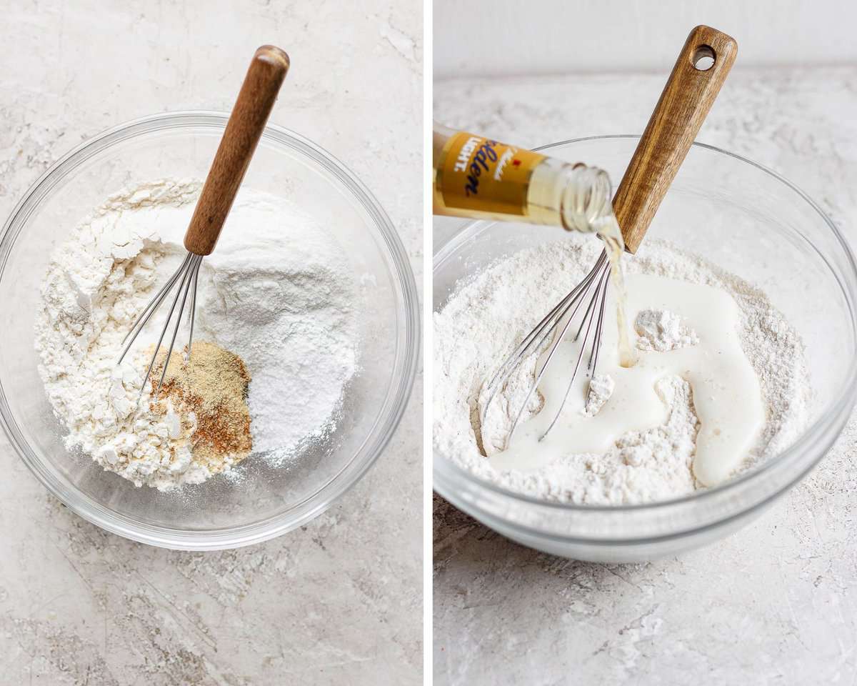 Two images showing the dry ingredients of the batter being whisked together and then the beer being added.