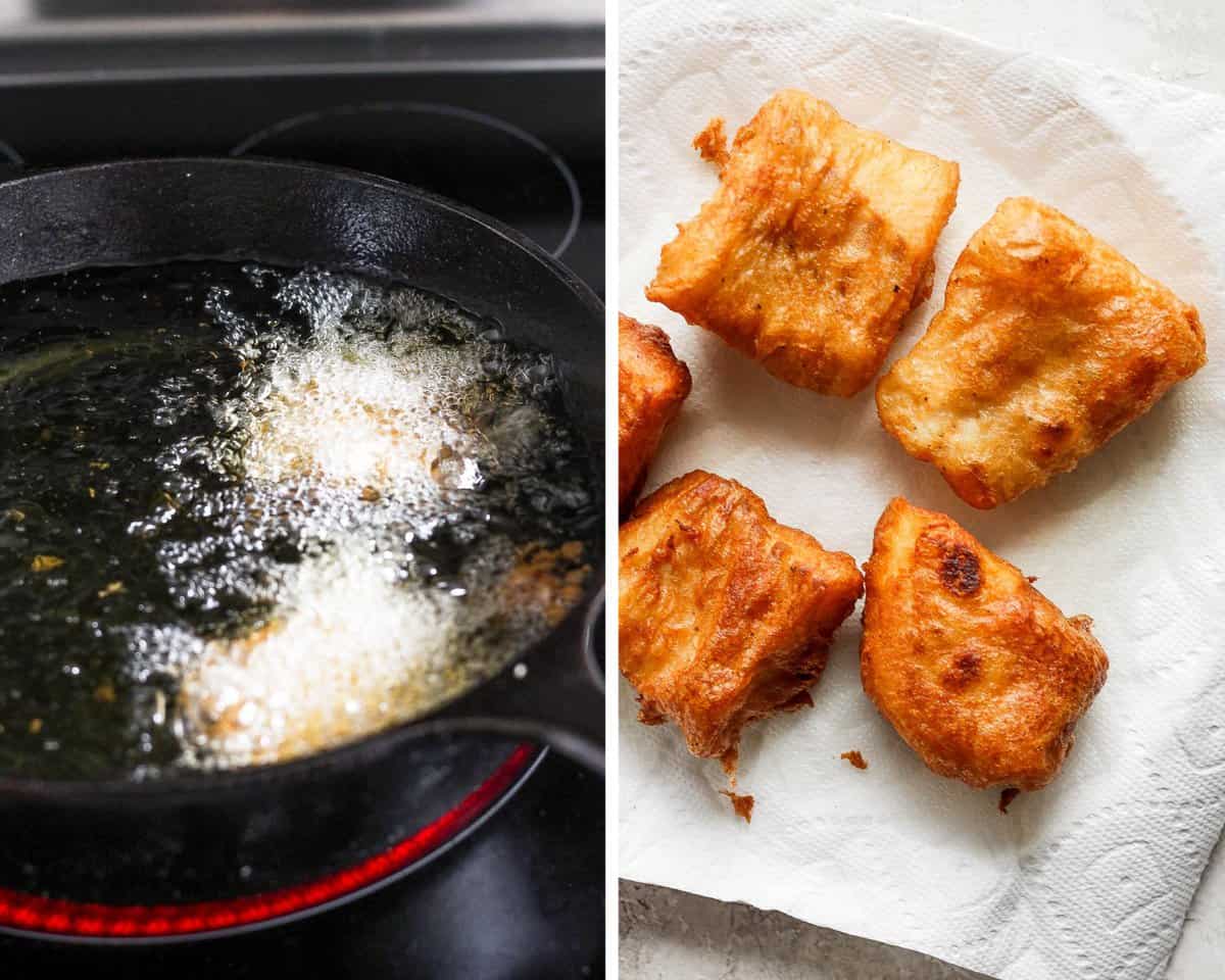 Two images showing the battered fish frying in a pan and then resting on a paper towel-lined plate.