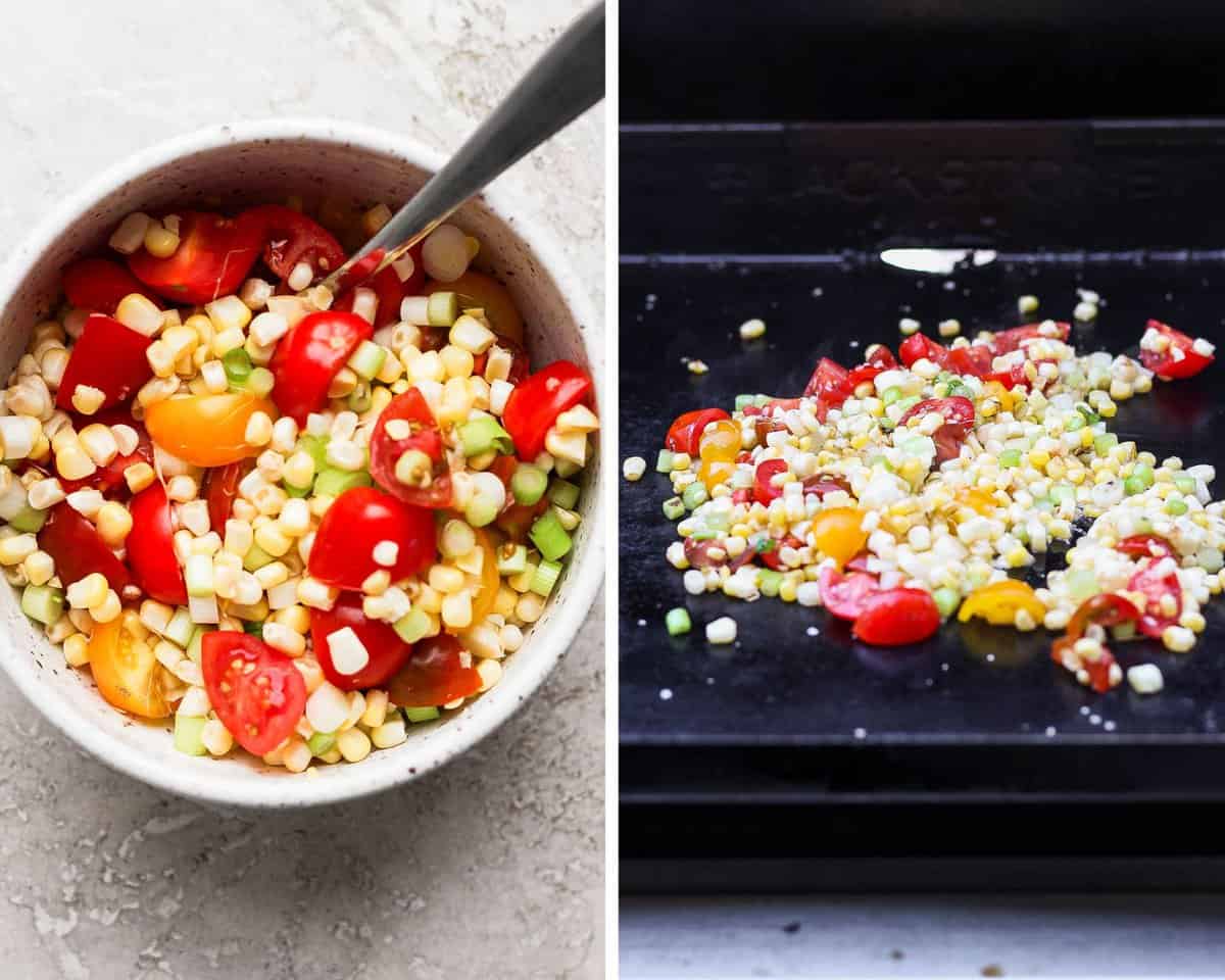 Two images showing the corn relish in a bowl and then on the Blackstone.