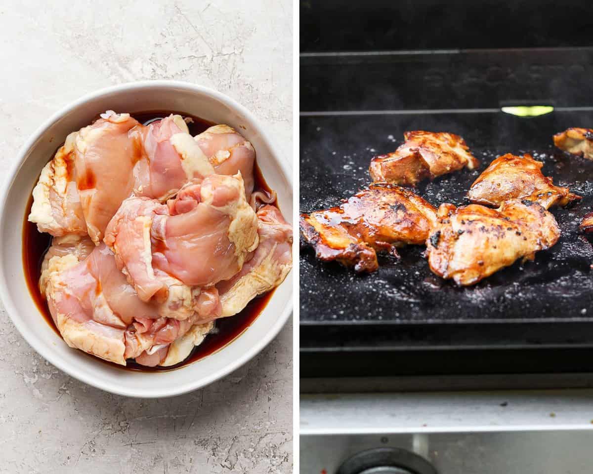 Two images showing the chicken thighs in a bowl with soy sauce and then cooking on the griddle.