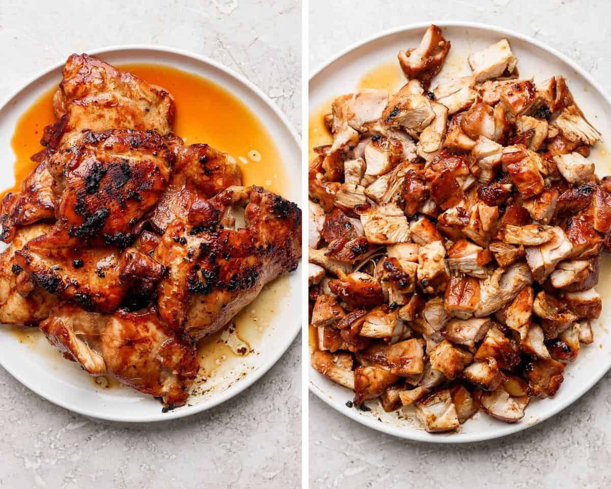 Two images showing the chicken thighs resting on a plate and then cut into pieces.