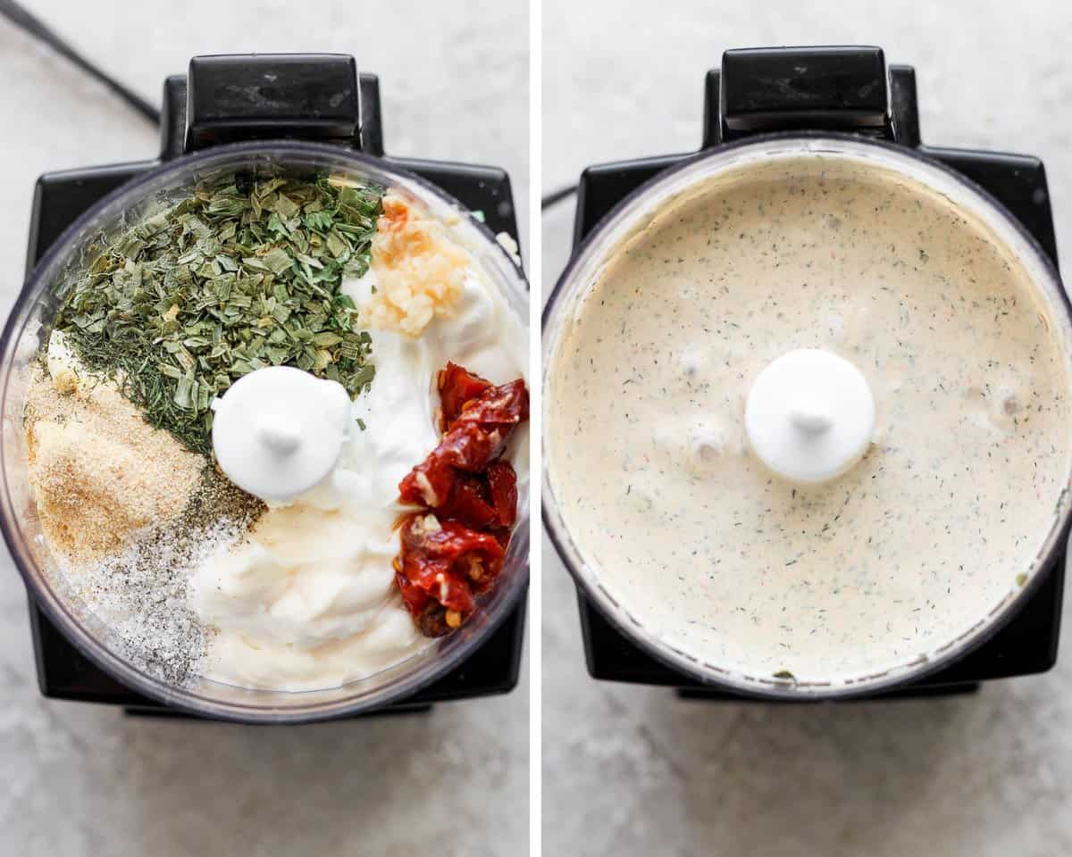 Two images showing the salad dressing before being mixed and after in a food processor.