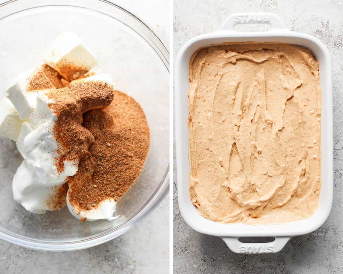 Two images showing the sour cream, cream cheese, and taco dip in a bowl, and then mixed together and spread in the bottom of a baking dish.