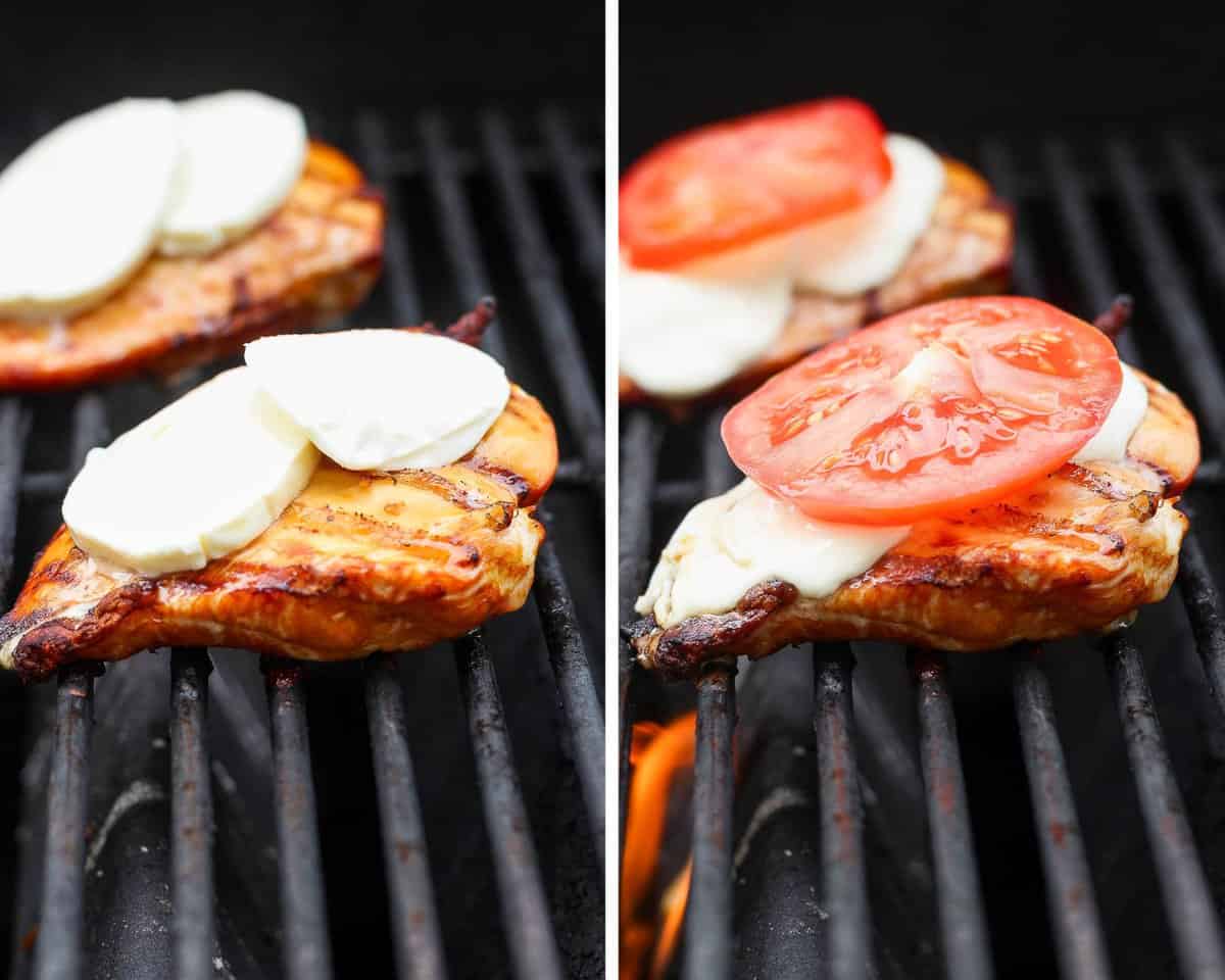 Two images showing the chicken breasts with cheese added on top and then tomato slices.