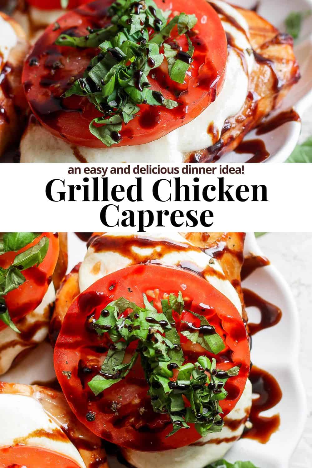 Pinterest image for grilled chicken caprese.