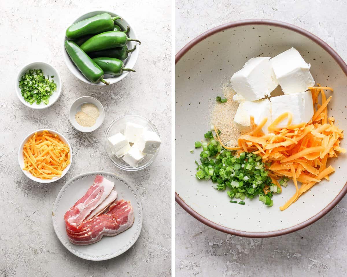 Two images showing the jalapeno poppers ingredients in separate bowls and the filling ingredients in one bowl.