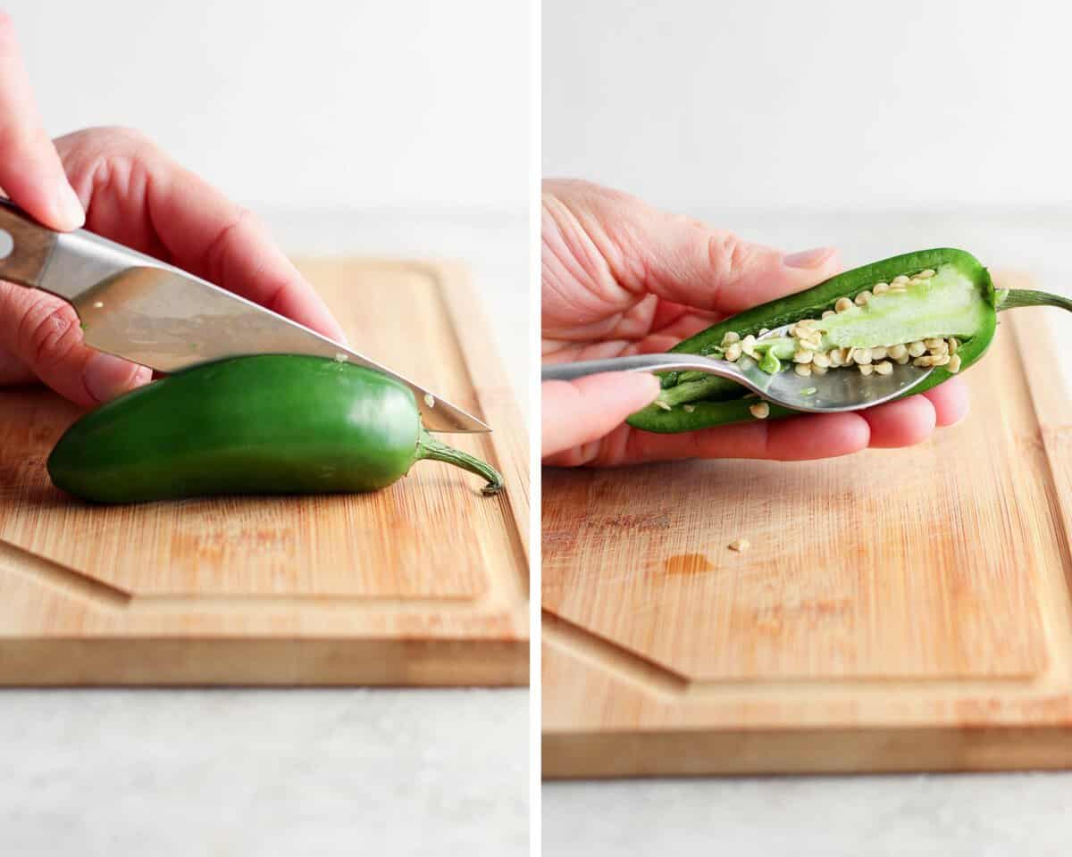 Two images showing a jalapeño being cut in half and the seeds being removed with a spoon.