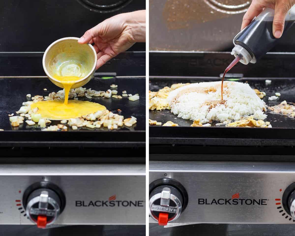 Two images showing the eggs being added to the cooked onions and the rice added with some soy sauce.