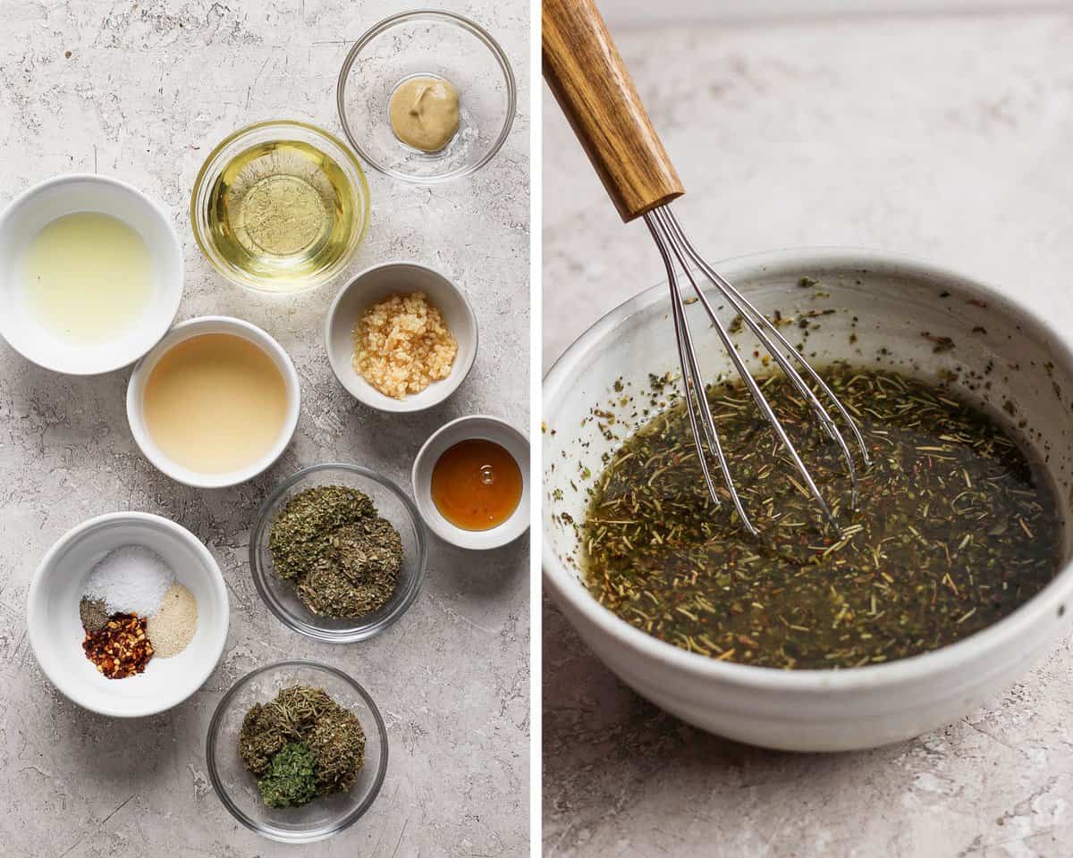 Italian dressing ingredients in separate bowls and then mixed together in a small bowl.