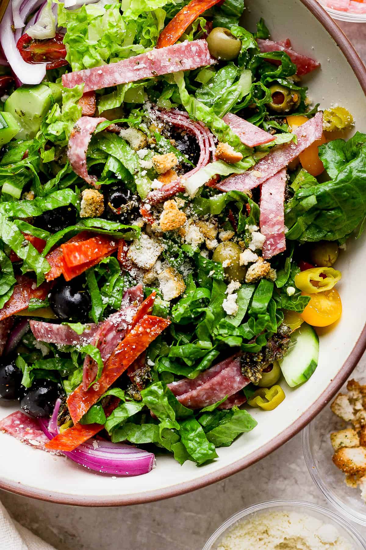 The entire Italian chopped salad tossed together in a large bowl.