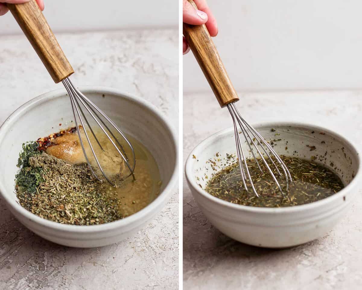 Two images showing the dressing before being mixed and after.