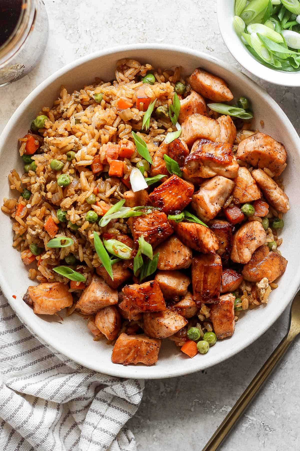 A bowl of salmon fried rice.