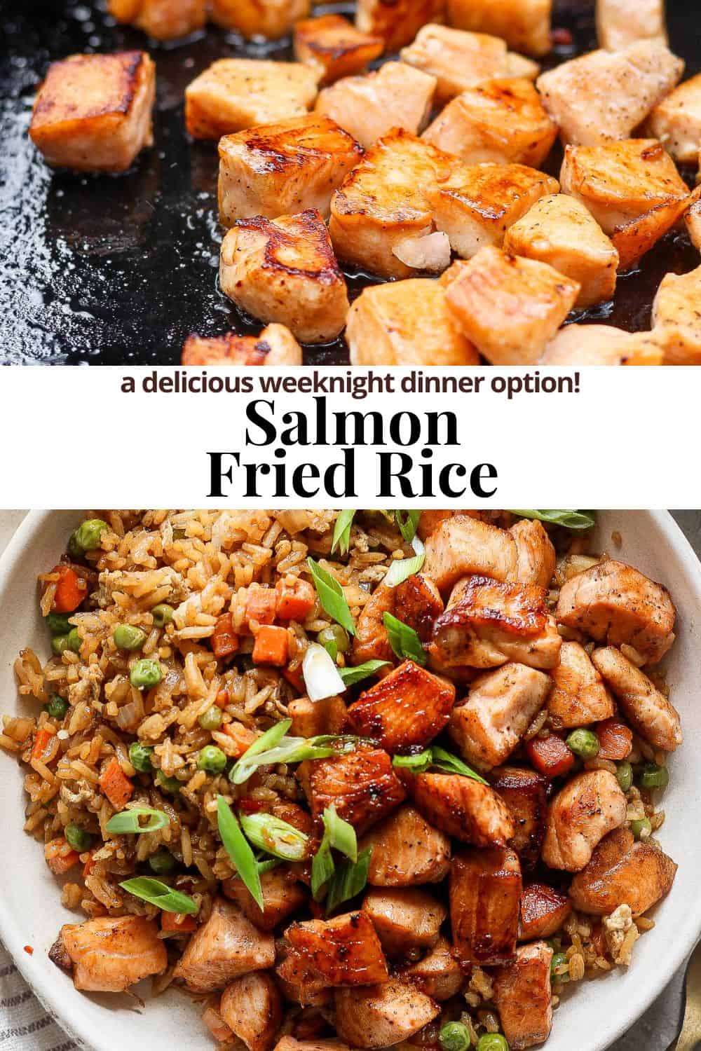 Pinterest image for salmon fried rice.