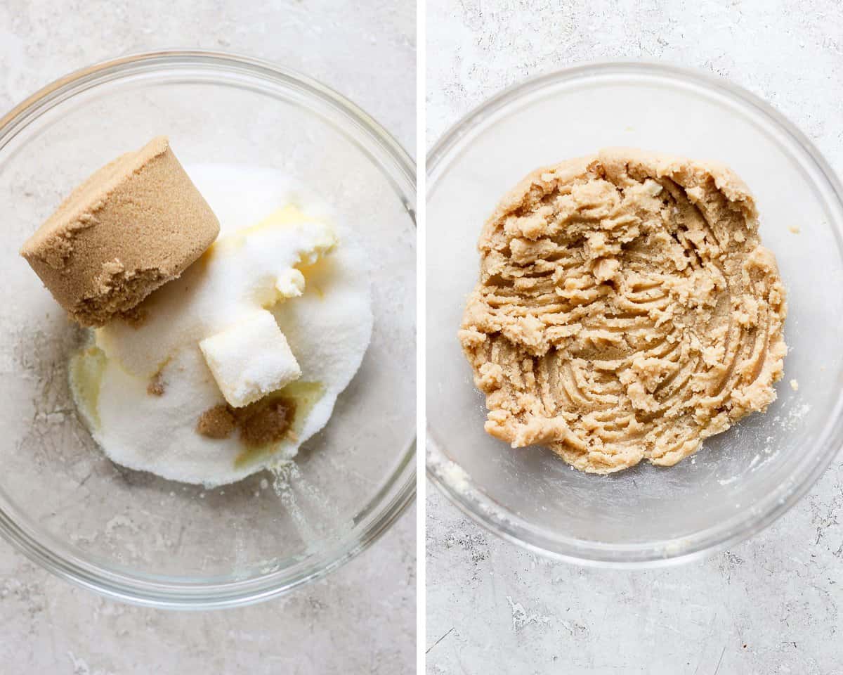 Two images showing the butter and sugar separate in a bowl and then mixed together.